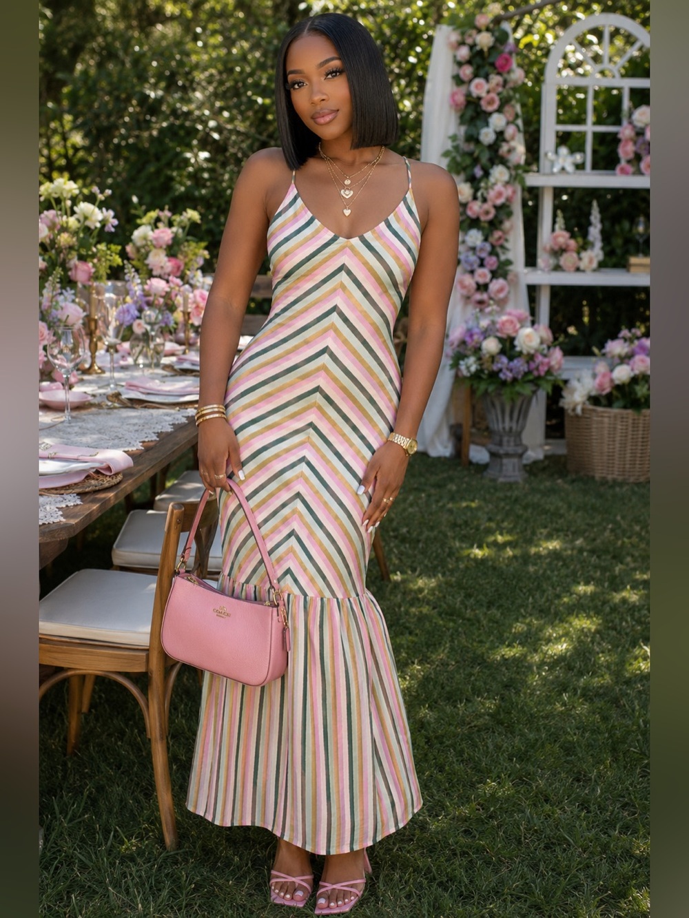 Self Contrast Striped V-Neck Maxi Dress in Pastel Pink and Green